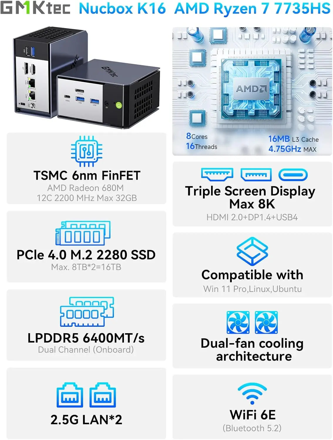 GMKtec K16 AMD Ryzen™ 7 7735HS Mini PC