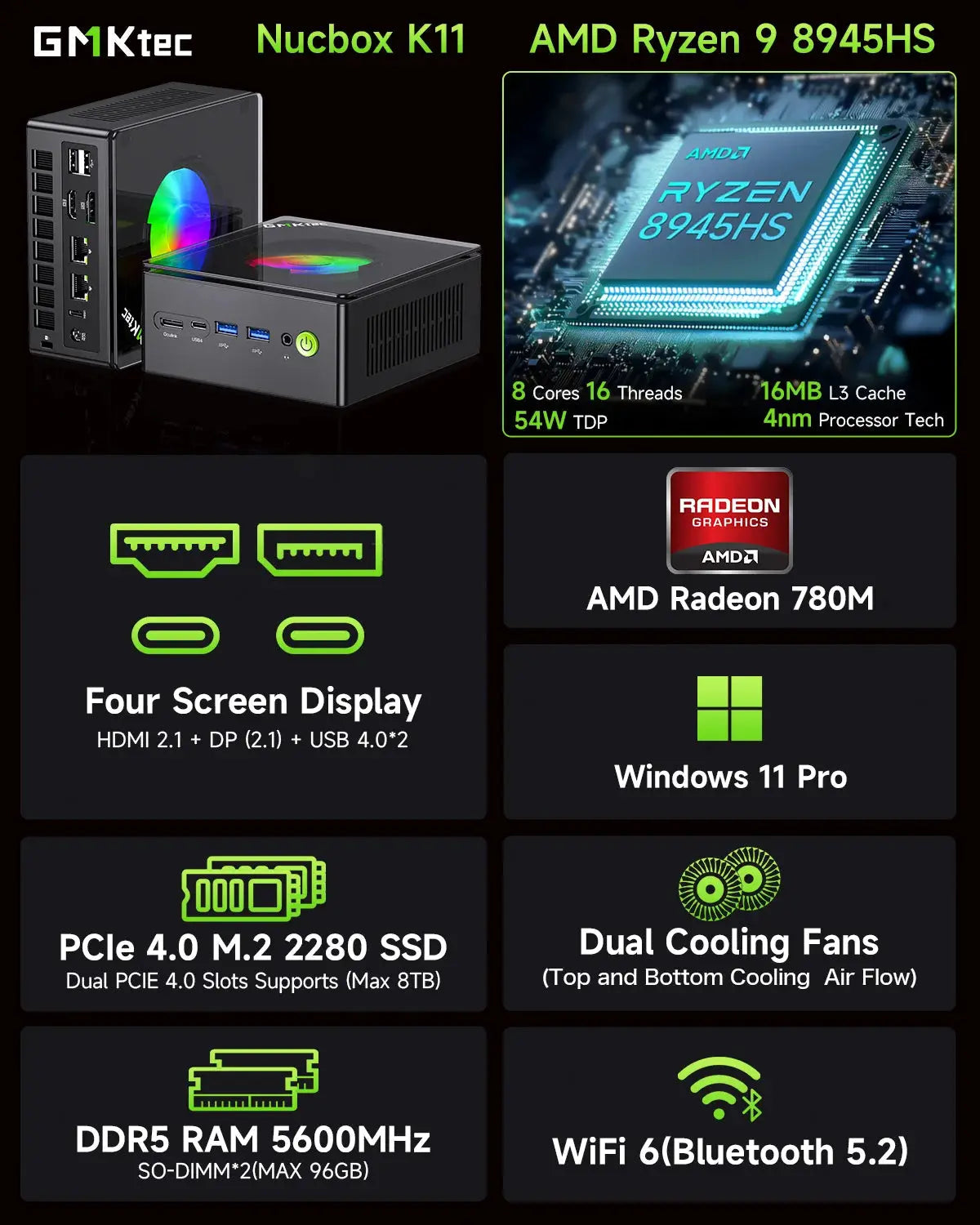 GMKtec K11 AMD Ryzen™ 9 8945HS Mini PC - Barebone